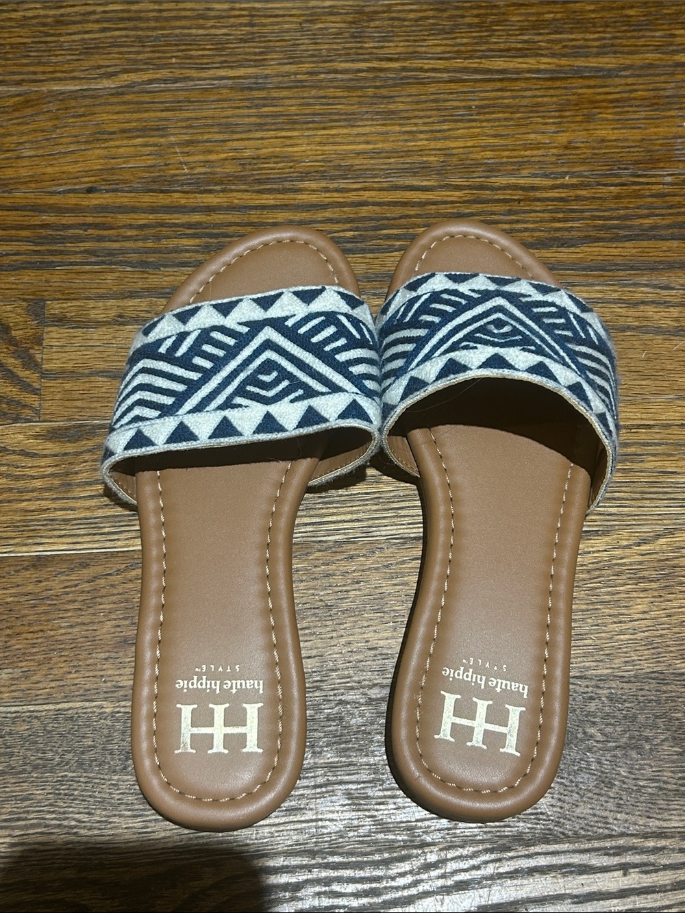 Haute Hippie Navy & Cream Patterned Slide Sandals